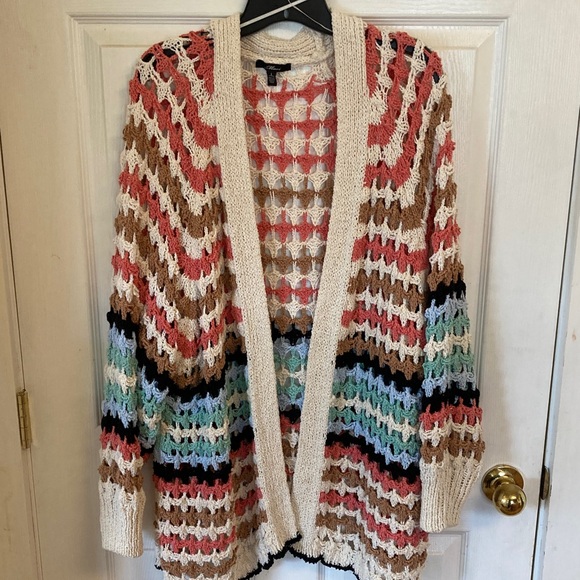 Mavi Sweaters - Mavi Cream Open-Weave Cardigan with Coral, Tan and Mint Stripes